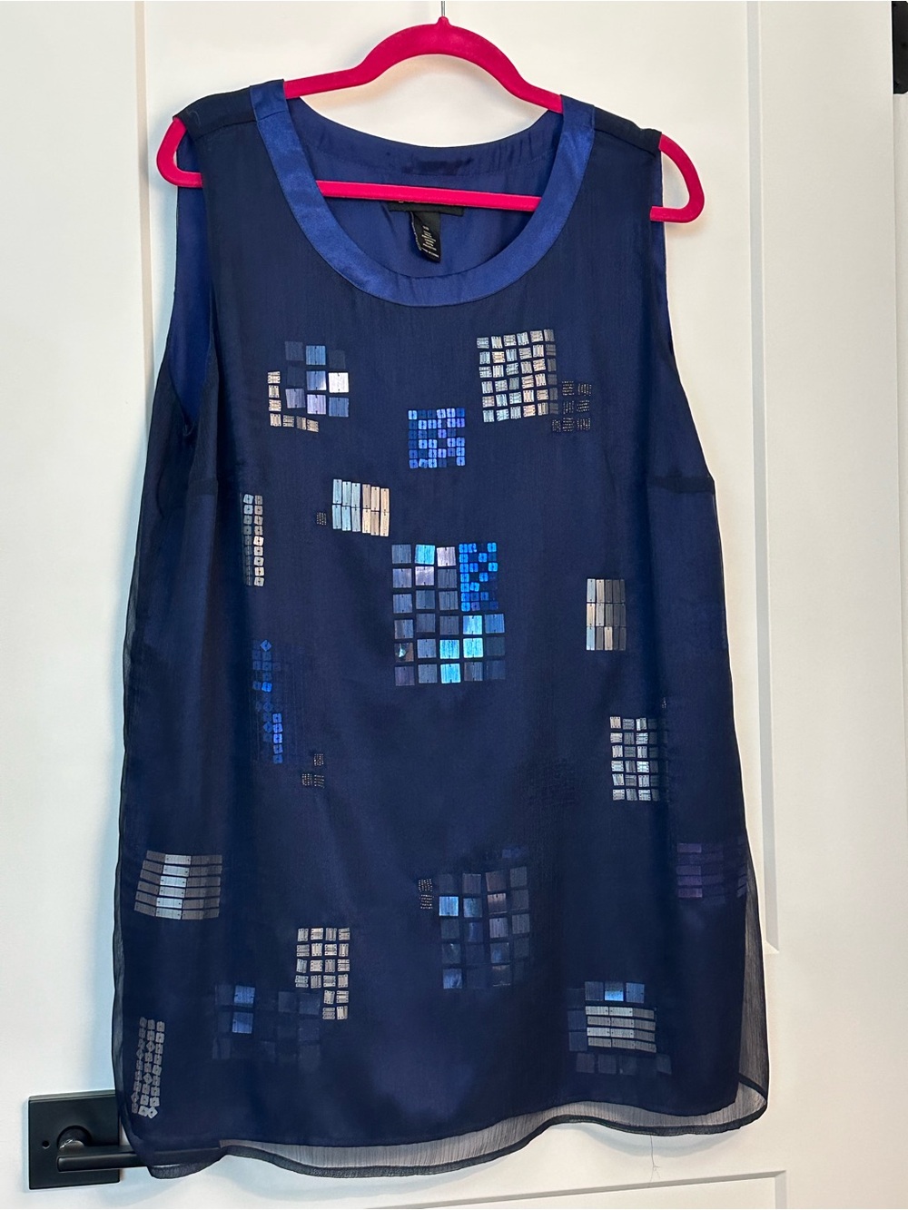 Lane Bryant Navy Blue Sheer Tank Top with Geometric Sequin Blocks